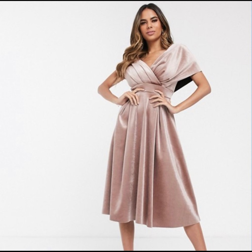 ASOS DESIGN Velvet Fallen Shoulder Dress in Mink Midi Length A-line skirt